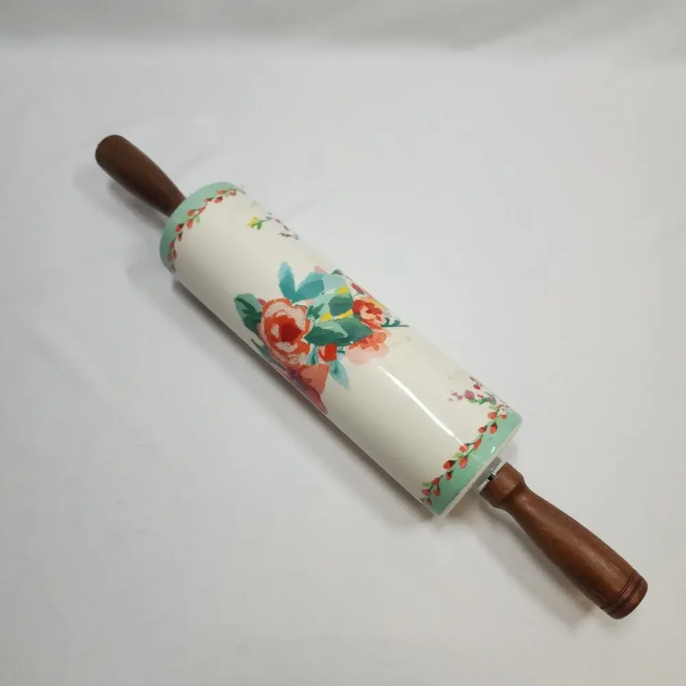 Pioneer Woman Rolling Pin PAINTED MEADOWS Stonewear Floral Acacia Wood Handles